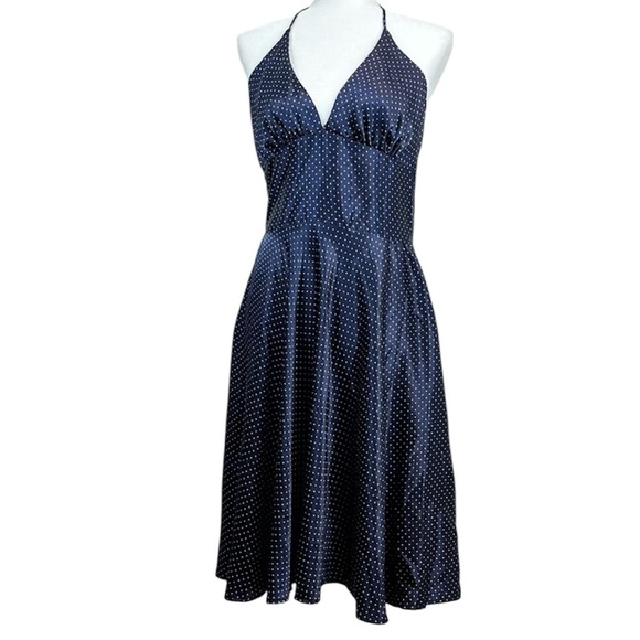 Alyn Paige Navy Satin Polka Dot Halter Dress Sz 10 - Picture 1 of 7